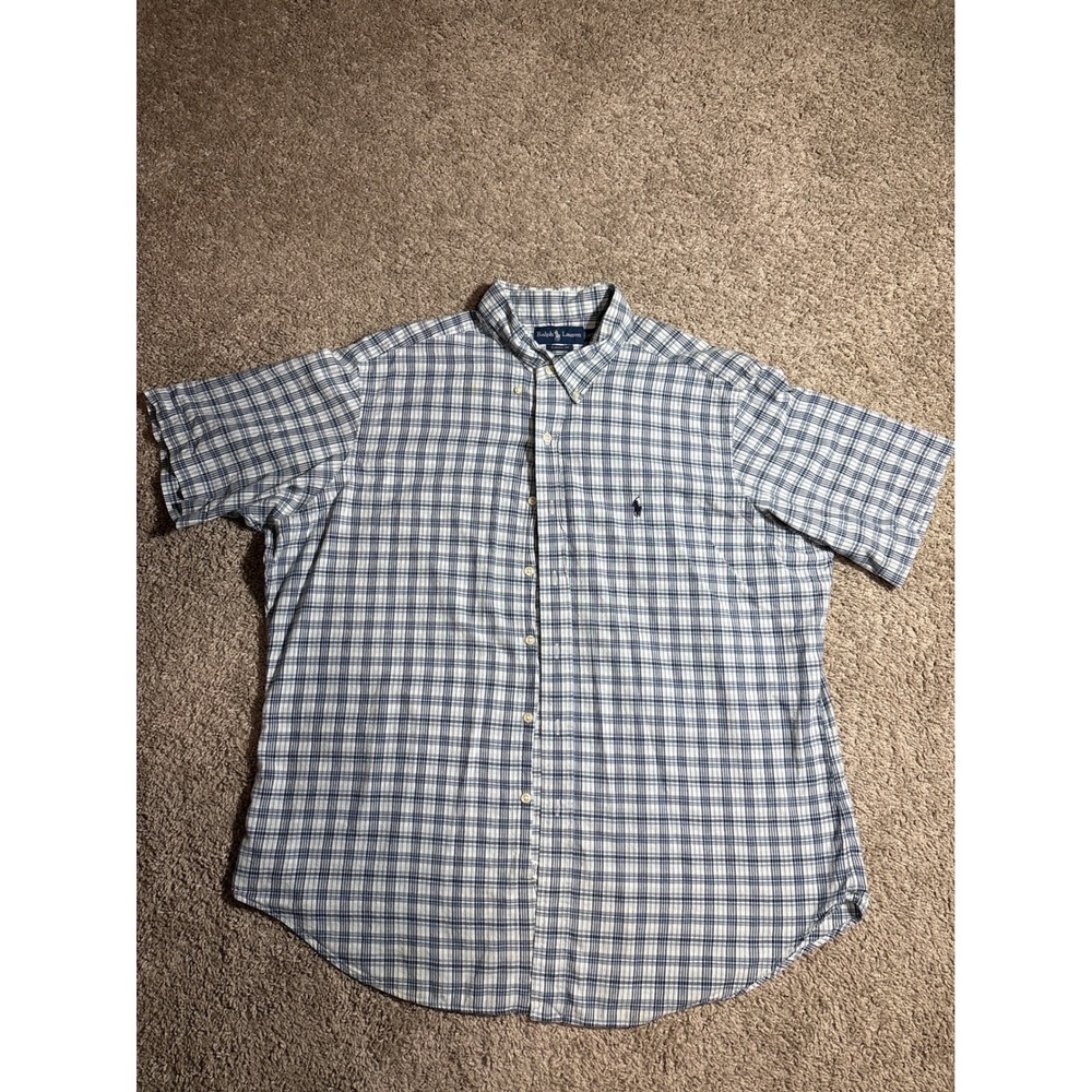 Ralph Lauren Mens XXL Classic Fit Plaid SS Button Down Shirt Blue White